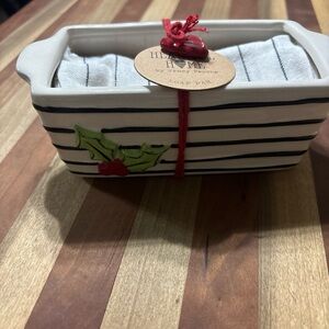 Striped Ceramic Loaf Pan with Holly Design